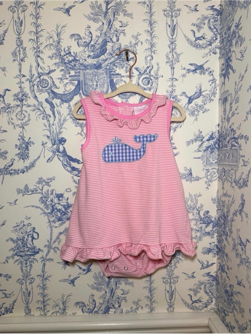 Stitchy Fish pima cotton bubble dress romper pink stripe blue 12 month